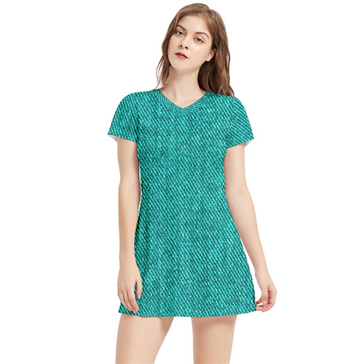 Green Denim Short Sleeve V-Neck Dress