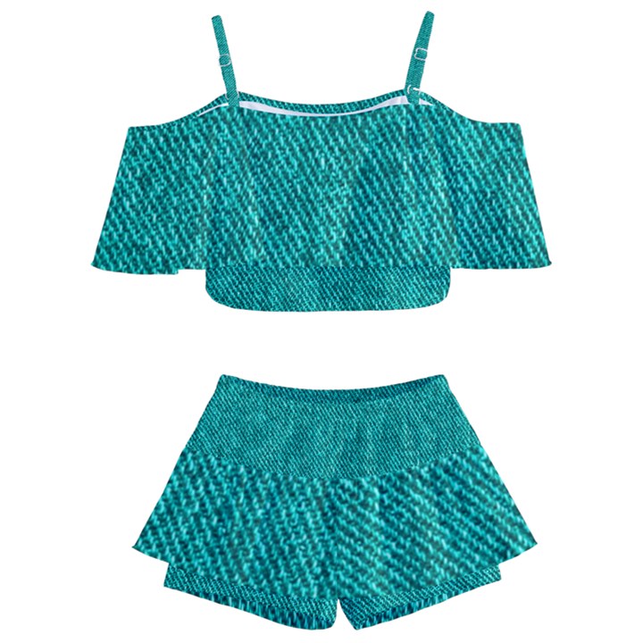 Green Denim Kids  Off Shoulder Skirt Bikini