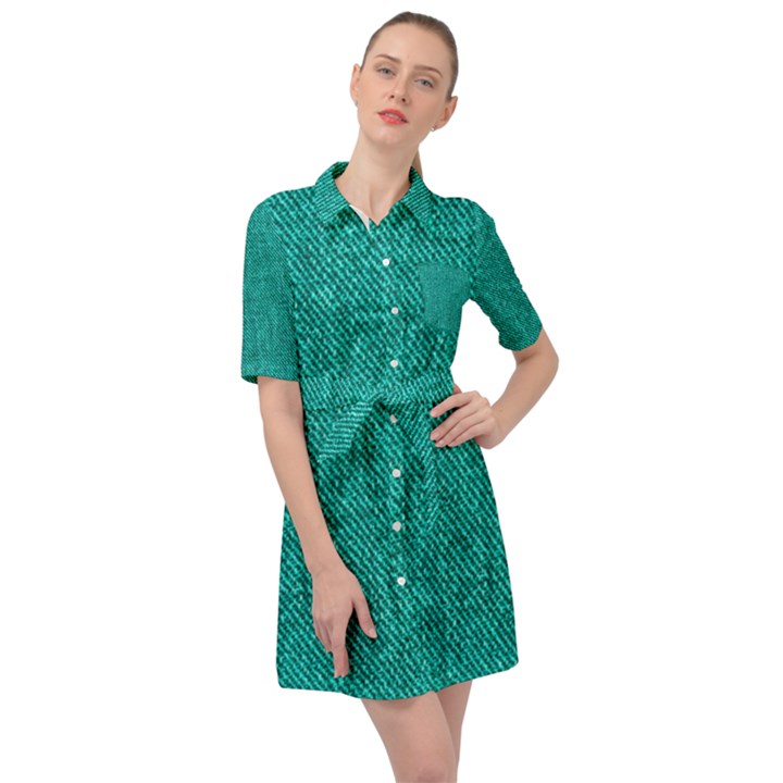 Green Denim Belted Shirt Dress