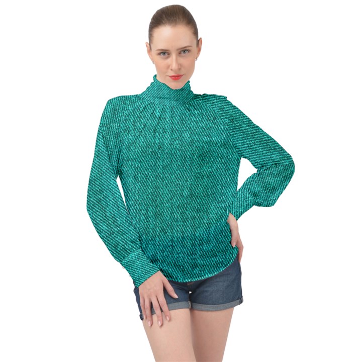 Green Denim High Neck Long Sleeve Chiffon Top