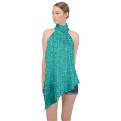 Green Denim Halter Asymmetric Satin Top