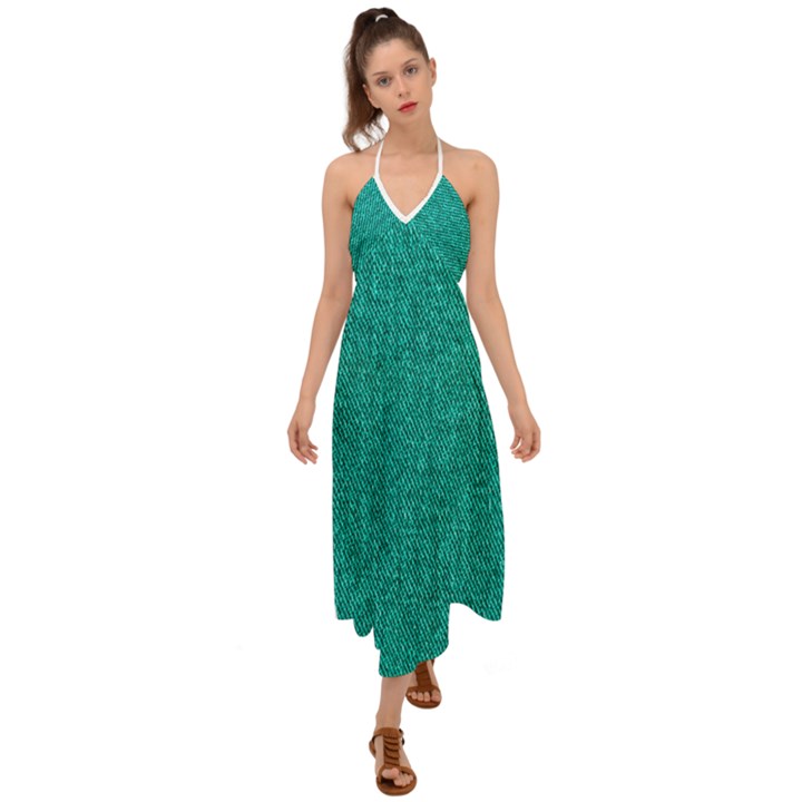 Green Denim Halter Tie Back Dress 