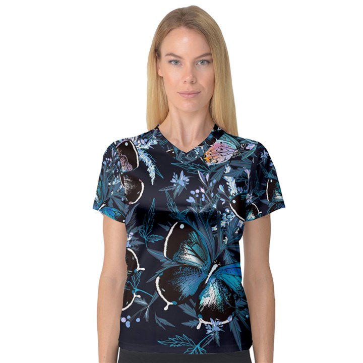 Beautiful Blue Butterflies  V-Neck Sport Mesh Tee