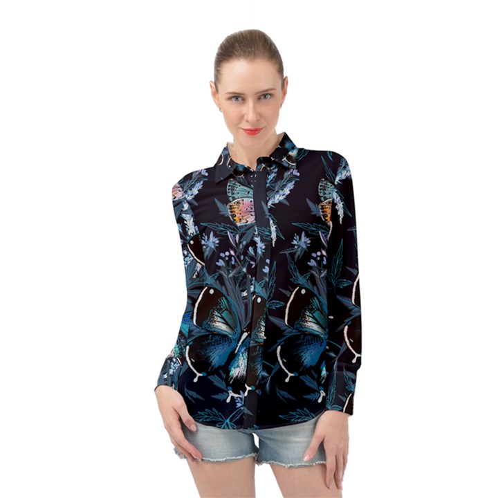 Beautiful Blue Butterflies  Long Sleeve Chiffon Shirt