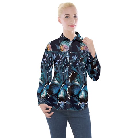 Beautiful Blue Butterflies  Women s Long Sleeve Pocket Shirt by ArtsyWishy