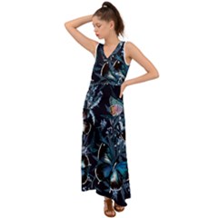 Beautiful Blue Butterflies  V-neck Chiffon Maxi Dress by ArtsyWishy