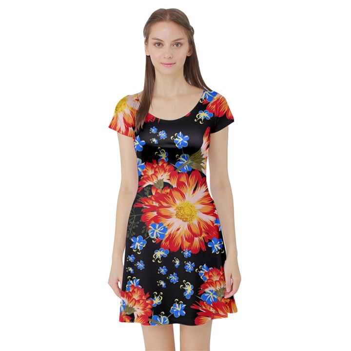 Orange and Blue Chamomiles Design Short Sleeve Skater Dress