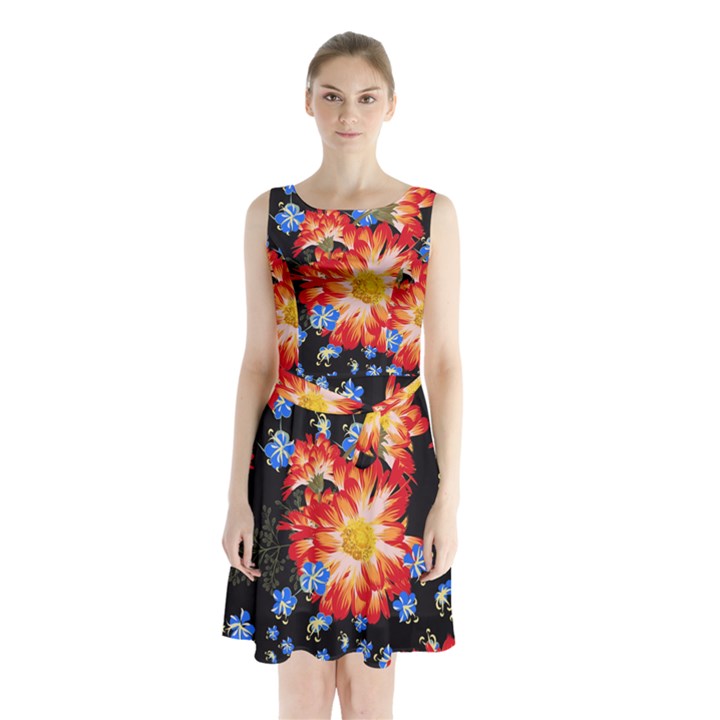 Orange and Blue Chamomiles Design Sleeveless Waist Tie Chiffon Dress