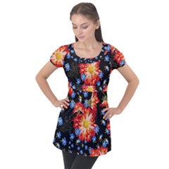 Orange And Blue Chamomiles Design Puff Sleeve Tunic Top by ArtsyWishy