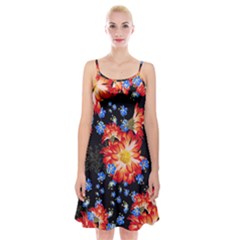 Orange And Blue Chamomiles Design Spaghetti Strap Velvet Dress