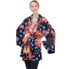 Orange And Blue Chamomiles Design Long Sleeve Velvet Kimono  by ArtsyWishy