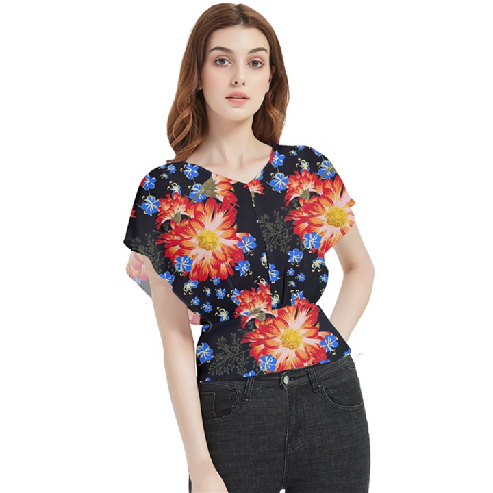 Orange and Blue Chamomiles Design Butterfly Chiffon Blouse