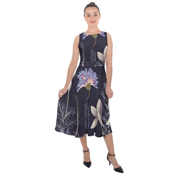 Butterflies and Flowers Painting Midi Tie-Back Chiffon Dress