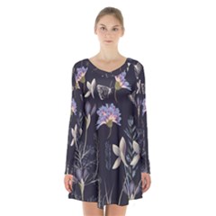 Butterflies And Flowers Painting Long Sleeve Velvet V-neck Dress by ArtsyWishy