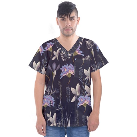 Butterflies And Flowers Painting Men s V-neck Scrub Top by ArtsyWishy