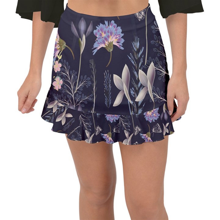 Butterflies and Flowers Painting Fishtail Mini Chiffon Skirt