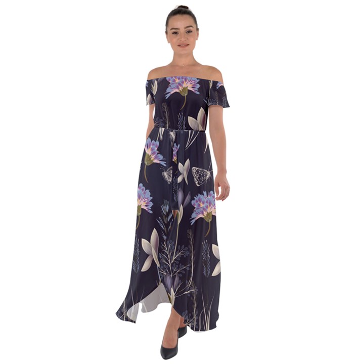 Butterflies and Flowers Painting Off Shoulder Open Front Chiffon Dress