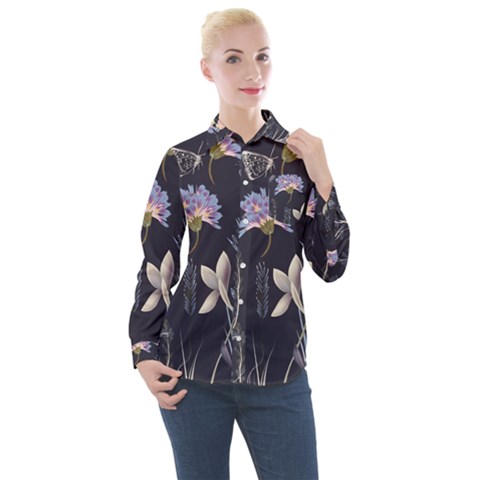 Butterflies And Flowers Painting Women s Long Sleeve Pocket Shirt by ArtsyWishy