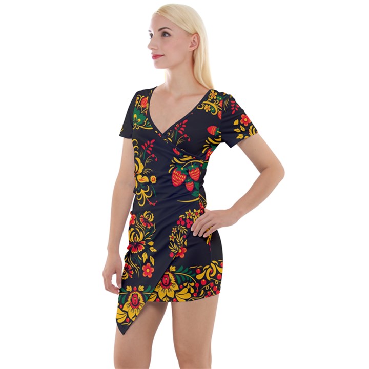 Russian khokhloma Short Sleeve Asymmetric Mini Dress