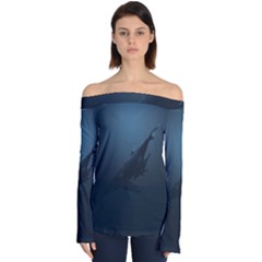 Blue Whale Family Off Shoulder Long Sleeve Top by goljakoff