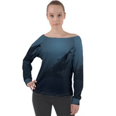 Blue Whale Family Off Shoulder Long Sleeve Velour Top by goljakoff