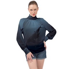 Blue Whale Family High Neck Long Sleeve Chiffon Top by goljakoff