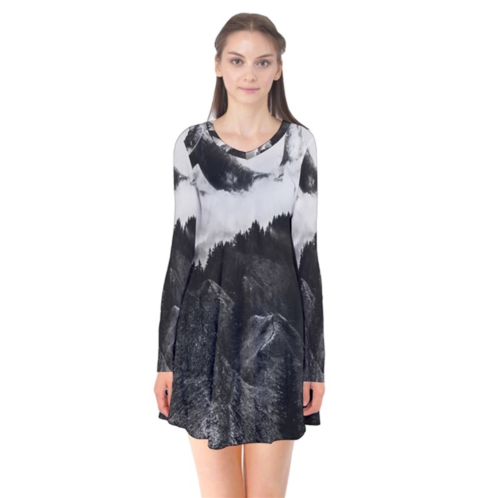 Whale in clouds Long Sleeve V-neck Flare Dress