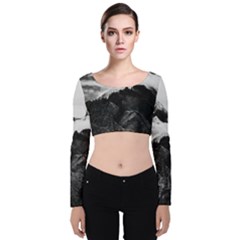 Whale In Clouds Velvet Long Sleeve Crop Top by goljakoff