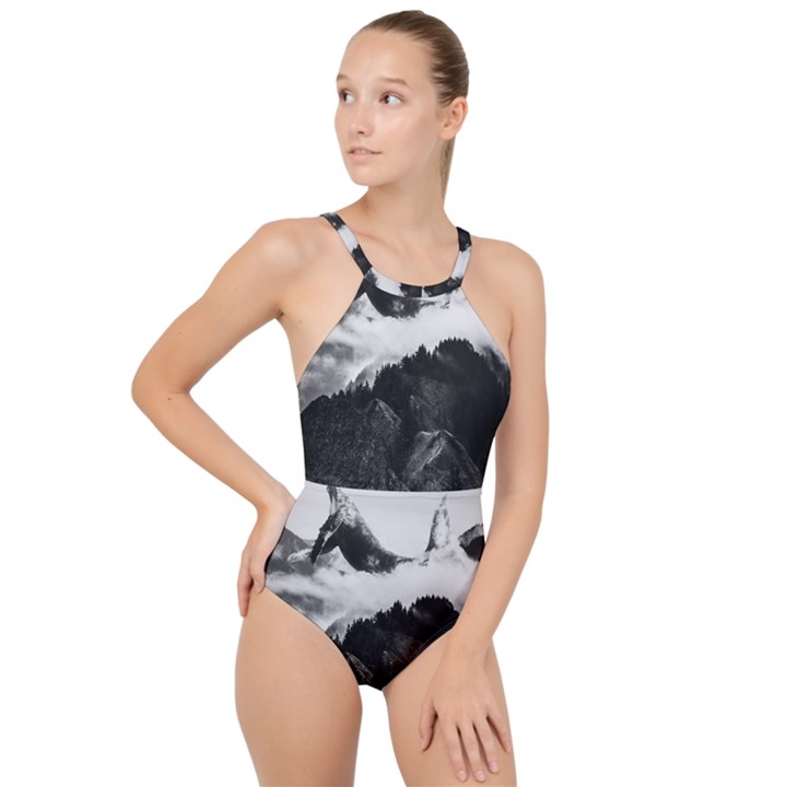 Whale in clouds High Neck One Piece Swimsuit