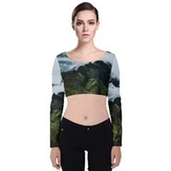 Blue Whales Dream Velvet Long Sleeve Crop Top by goljakoff