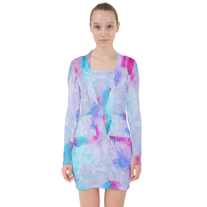 Rainbow paint V-neck Bodycon Long Sleeve Dress