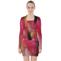 Red Galaxy Paint V-neck Bodycon Long Sleeve Dress by goljakoff