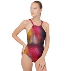 Red Galaxy Paint High Neck One Piece Swimsuit by goljakoff