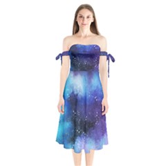 Blue Space Paint Shoulder Tie Bardot Midi Dress by goljakoff