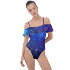 Blue Space Paint Frill Detail One Piece Swimsuit