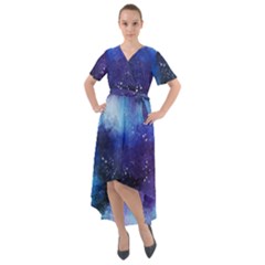 Blue Space Paint Front Wrap High Low Dress