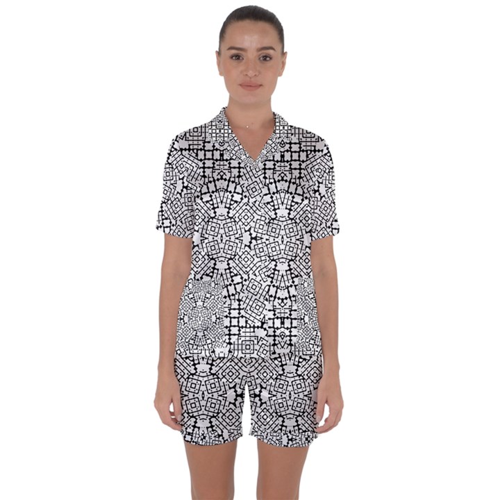 Modern Black And White Geometric Print Satin Short Sleeve Pajamas Set