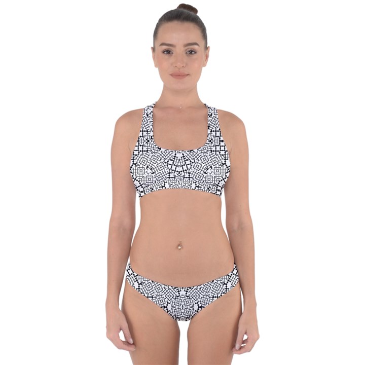 Modern Black And White Geometric Print Cross Back Hipster Bikini Set