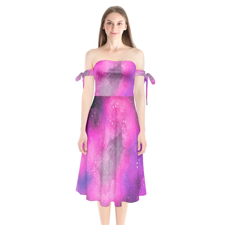 Purple space Shoulder Tie Bardot Midi Dress