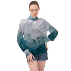 Blue Green Waves High Neck Long Sleeve Chiffon Top by goljakoff