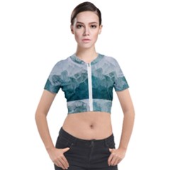 Blue Green Waves Short Sleeve Cropped Jacket by goljakoff