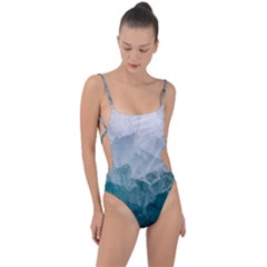 Blue Green Waves Tie Strap One Piece Swimsuit by goljakoff