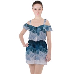 Blue Ocean Waves Ruffle Cut Out Chiffon Playsuit by goljakoff