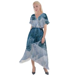 Blue Ocean Waves Cross Front Sharkbite Hem Maxi Dress by goljakoff