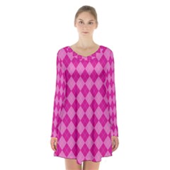 Pink Diamond Pattern Long Sleeve Velvet V-neck Dress