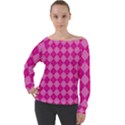 Pink Diamond Pattern Off Shoulder Long Sleeve Velour Top View1