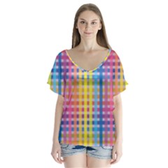 Digital Paper Stripes Rainbow Colors V-neck Flutter Sleeve Top