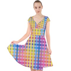 Digital Paper Stripes Rainbow Colors Cap Sleeve Front Wrap Midi Dress