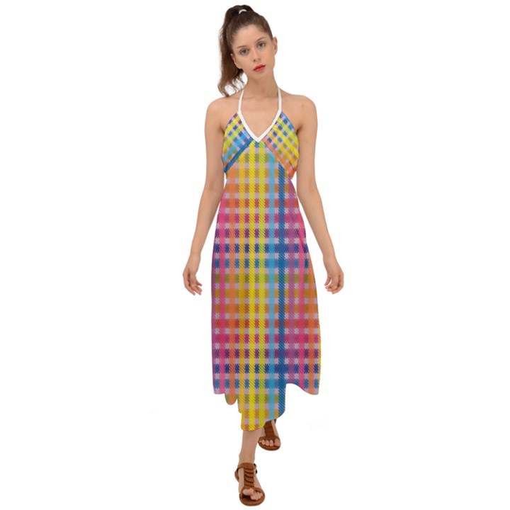 Digital Paper Stripes Rainbow Colors Halter Tie Back Dress 