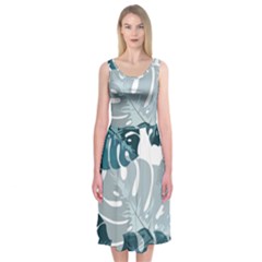 Monstera Leaves Background Midi Sleeveless Dress